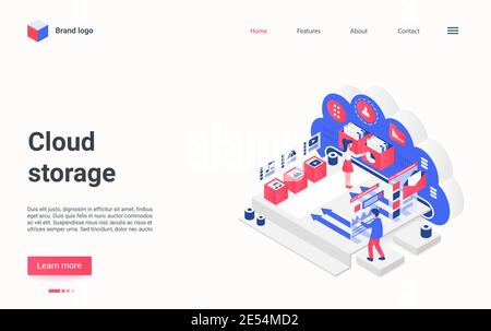 Cloud data storage service concept isometric vector illustration. Cartoon 3d people transfer documents, multimedia files and music, using remote media data access, modern cloud technology landing page Stock Vector