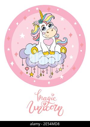 Cute cartoon unicorn sitting on cloud in circle. Vector isolated illustration. For postcard, posters, nursery design, greeting card, stickers, room de Stock Vector