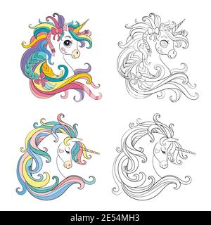 Set of cute cartoon heads of unicorns. Monochrome and colorful. Vector isolated illustration. For coloring, postcard, posters, design, cards, stickers Stock Vector