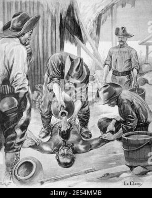 Water Torture in the Philippines used against Filipinos by American forces during the Philippine-American War (1899-1902) 1902 Vintage Illustration or Engraving Stock Photo