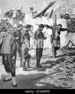 Enemy European Prisoners Executed & Crucified during the Boxer Rebellion, aka the Boxer Uprising or Yihetuan Movement an Anti-Imperialist, Anti-Foreign and Anti-Christian War or Rebellion in China (1899-1901) 1901 Vintage Illustration or Engraving Stock Photo
