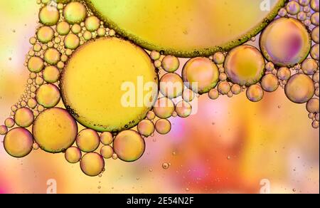 abstract photograph of oil and soap bubbles with yellow, blue, pink and red colors, in a glass bowl with water Stock Photo