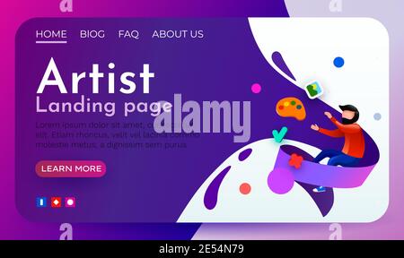 Artistic landing page template. Flying man. Digital painting school. Stock Vector