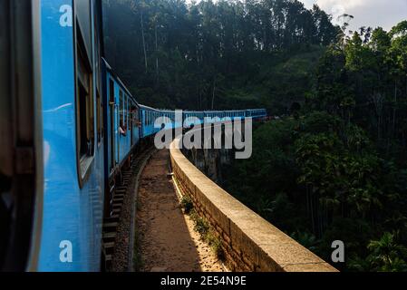 View from the train driving over the Nine Arches Bridge in the highlands near Ella,Sri Lanka Stock Photo