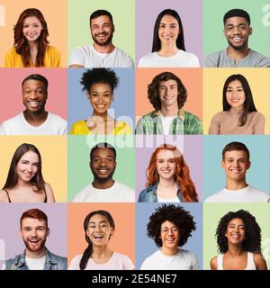 Mosaic Of Multicultural Females And Males Faces In Collage Stock Photo