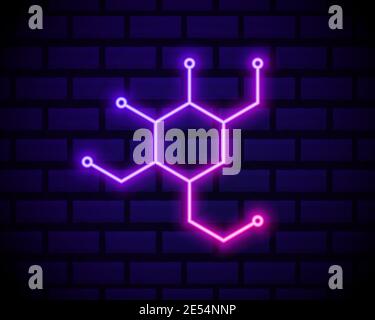 Glowing neon Chemical formula consisting of benzene rings icon isolated on brick wall background. Vector Illustration. Stock Vector