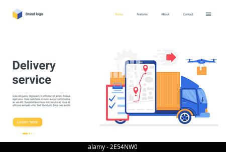 Delivery logistic digital service vector illustration. Cartoon online tracker service for delivering company, gps navigation on map of smart phone, shipping purchases by courier car truck landing page Stock Vector