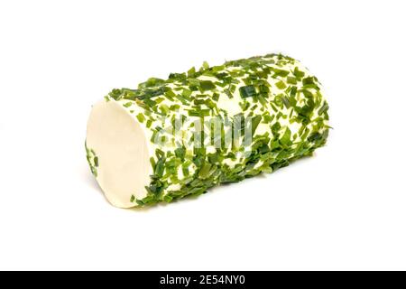 Fresh cheese roll covered with chives on a white background Stock Photo