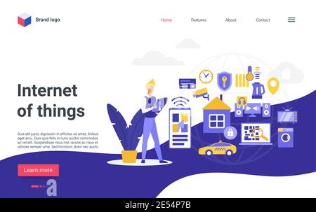 Internet of things technology vector illustration. Cartoon user man character using smart home control system, cloud service with smartphone mobile device in hands, iot connection concept landing page Stock Vector