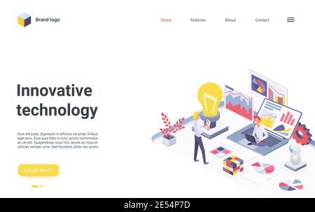 Innovative business teamwork technology isometric vector illustration. Cartoon 3d businessman team of characters brainstorm, research new idea innovation, upgrade business solution landing page Stock Vector