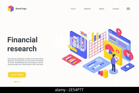 Financial research isometric vector illustration. Cartoon 3d businessman researcher character analyzing data for finance investment, stock market analysis, digital marketing technology landing page Stock Vector