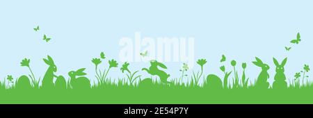 Easter banner with bunnies, flowers and easter eggs on a green meadow. Panoramic vector illustration with butterflies in blue sky. Stock Vector