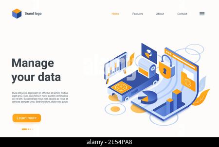 Manage data concept isometric vector illustration. Cartoon 3d database server storage technology for storing and processing information results, protection of personal finance data landing page Stock Vector