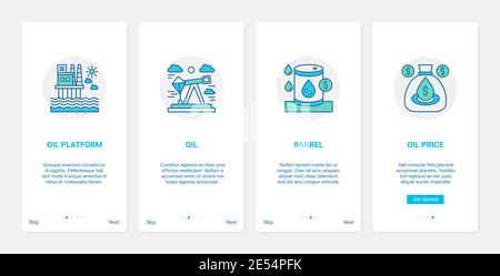 Oil gas extraction industry vector illustration. UX, UI onboarding mobile app page screen set with line industrial refining technology, offshore oil drilling rig platform, crude oil extraction symbol Stock Vector