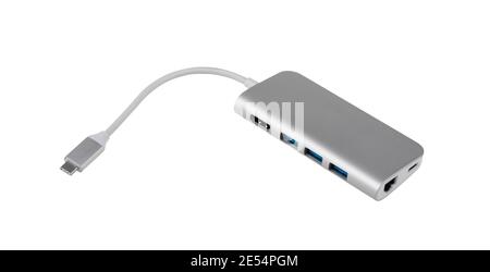Tipe-C aluminum multi port adapter isolated on white background with clipping path. Stock Photo