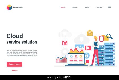 Cloud service solution vector illustration. Cartoon user man character standing near cloud storage server database, networking, uploading digital content, working with data files online landing page Stock Vector