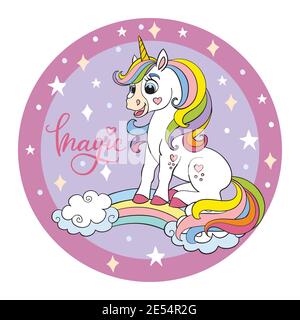 Cute cartoon unicorn sitting on rainbow in circle. Vector isolated illustration. For postcard, posters, nursery design, greeting card, stickers, room Stock Vector