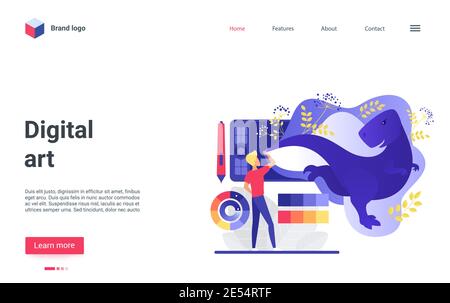 Digital art vector illustration. Cartoon artist character creating digital graphic content design, drawing in creative process. Professional designer work, art class, course or studio landing page Stock Vector