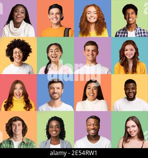 Collection Of Diverse Millennials Portraits In Square Collage, Colored Backgrounds Stock Photo