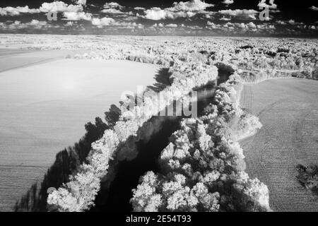 Aerial photo of the white river near Shieldstown, IN shot in 850nm black and white infrared.  Taken fall 2020. Stock Photo