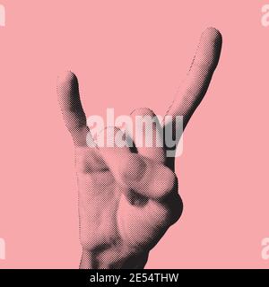 Abstract hand gesture vector shape illustration with horns metal finger combination made from small round black dots in pink background with copy spac Stock Vector