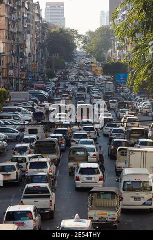 The heavy traffic jam of cars in a street of Yangon, Myanmar. Stock Photo