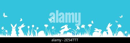 Easter banner with  Easter bunnies, flowers, butterflies and eggs on a meadow. Panoramic vector illustration, white silhouette under blue sky. Stock Vector