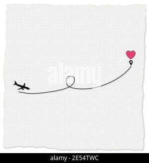 Love airplane route to destination point pink heart. Romantic travel, heart, plane route, path. Valentines card, love concept, isolated on white backg Stock Photo