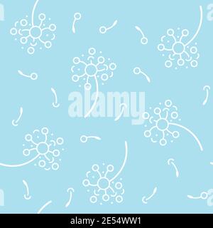 Seamless vector pattern with white dandelion seeds and blossoms on pastel blue background Stock Vector