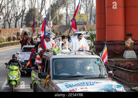 The all-Nepalese mountaineering team who recently became the first to scale the summit of K2 in winter are received on their arrival at Kathmandu. On 16 January, a team of 10 Nepalese Mingma Gyalje Sherpa, Nirmal Purja, Mingma David Sherpa, Gelje Sherpa, Sona Sherpa, Mingma Tenzi Sherpa, Pem Chhiri Sherpa, Dawa Temba Sherpa, Kili Pemba Sherpa, and Dawa Tenjing Sherpa made history with the first winter summit of K2, the second-highest mountain in the world. The Himalayan peak, on the border of China and Pakistan, was the last of the world's 14 highest mountains, all over 8,000 meters, never to Stock Photo