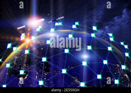 A network of linked satellites orbiting the earth. Global satellite internet service concept. 3d illustration Stock Photo