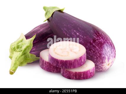 Isolated raw eggplants. Whole and cut aubergines isolated on white background with clipping path Stock Photo