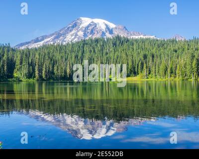 One of the most iconic views of Mt. Rainier in the park can be found at Reflection Lakes. Stock Photo