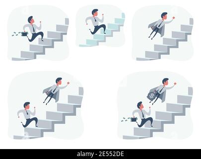 Businessman running up stair to success. Stair step to success. Staircase to success. Set. Stock Vector