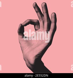 Abstract hand gesture illustration of OK or all right finger combination made of dots pattern isolated on pink background Stock Vector
