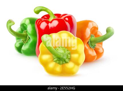 Isolated peppers. Four bell peppers of different colors (red, green, yellow, orange) isolated on white background Stock Photo