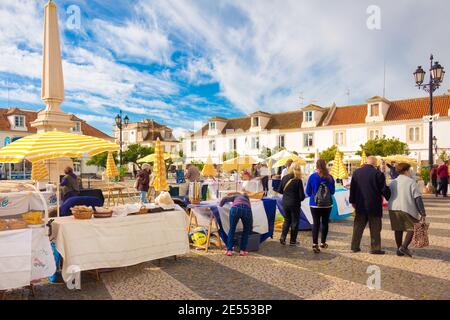 View of the weekly market in Marques of Pombal square in Vila Real of Saint Antonio, Algarve, Portugal Stock Photo