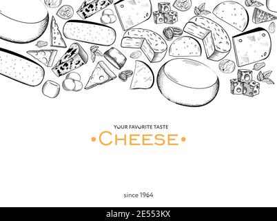 Cheese hand-drawn Vector illustration Blue cheese, creamy and hard cheese slices on white background Sketch style Stock Vector