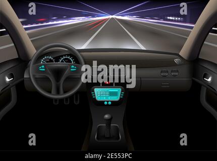 Car on the night street realistic vehicle inside interior vector illustration Stock Vector