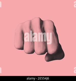 Abstract hand gesture vector shape illustration with pointing forward fist made from small round black dots in pink background with copy space Stock Vector