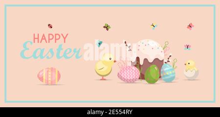 A set of brightly, colorful painted Easter eggs. Vector illustration with a happy Easter wish. Flat design featuring hares, butterflies, flowers and rainbows. Template for a postcard, invitation, ad or banner. A bright, cute illustration for a spring Christian holiday. Stock Vector