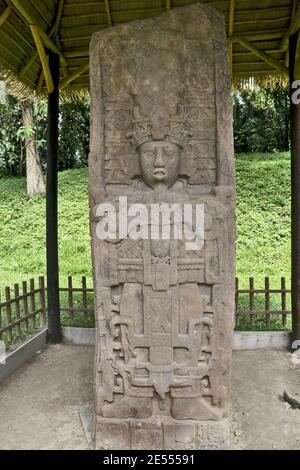 Quirigua, Guatemala: stela of maya ruler in Quirigua. Quirigua is an ancient Maya archaeological site in the department of Izabal. Stock Photo