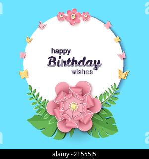 Paper cut design with round sticker and flower composition. White circle with paper fantasy floral decorations. Template greeting flyer, save the date Stock Vector