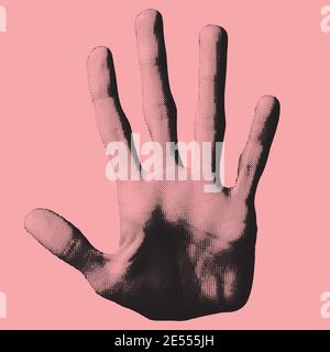 Abstract hand gesture vector illustration of NO or Stop made of dots pattern isolated on pink background Stock Vector