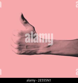 Abstract hand gesture vector shape illustration with thumb finger showing up made from small round black dots in pink background with copy space Stock Vector