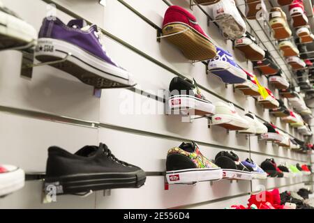 Almaty Qazaqstan September 21 2019 A shoe stand in a sports shoe store. Various collections of sports shop. Bottom side view. Selective soft focus Stock Photo Alamy