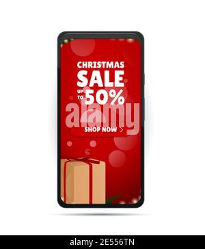 Holiday discounts on the phone. Christmas Sale. Christmas Shop Now. New Year Gifts on The Smartphone. Merry Christmas and Happy New Year. Colored Stock Vector