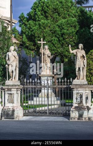 Gate of Roman Catholic Metropolitan Cathedral of Saint Agatha on Cathedral Square in Catania city on the east side of Sicily Island, Italy Stock Photo