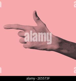 Abstract hand gesture vector shape illustration with pointing forward finger made from small round black dots in pink background with copy space Stock Vector