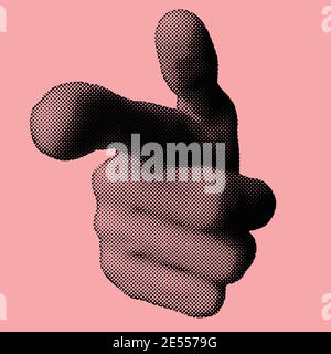 Abstract hand gesture illustration of pointing finger made of dots pattern isolated on pink background Stock Vector